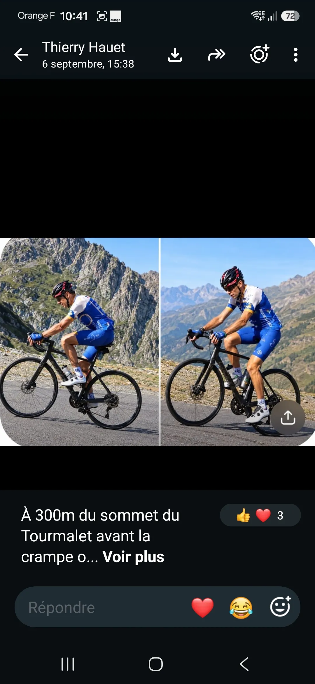 Thierry en difficulté imminente en haut du Tourmalet